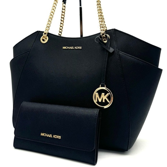 Michael Kors JST Large Chain Shoulder Tote Bag & Trifold Wallet Black/Gold - Picture 1 of 12